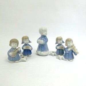 5 Blue Porcelain Figurine Angels Playing Musical Instruments Mini Candle Holders
